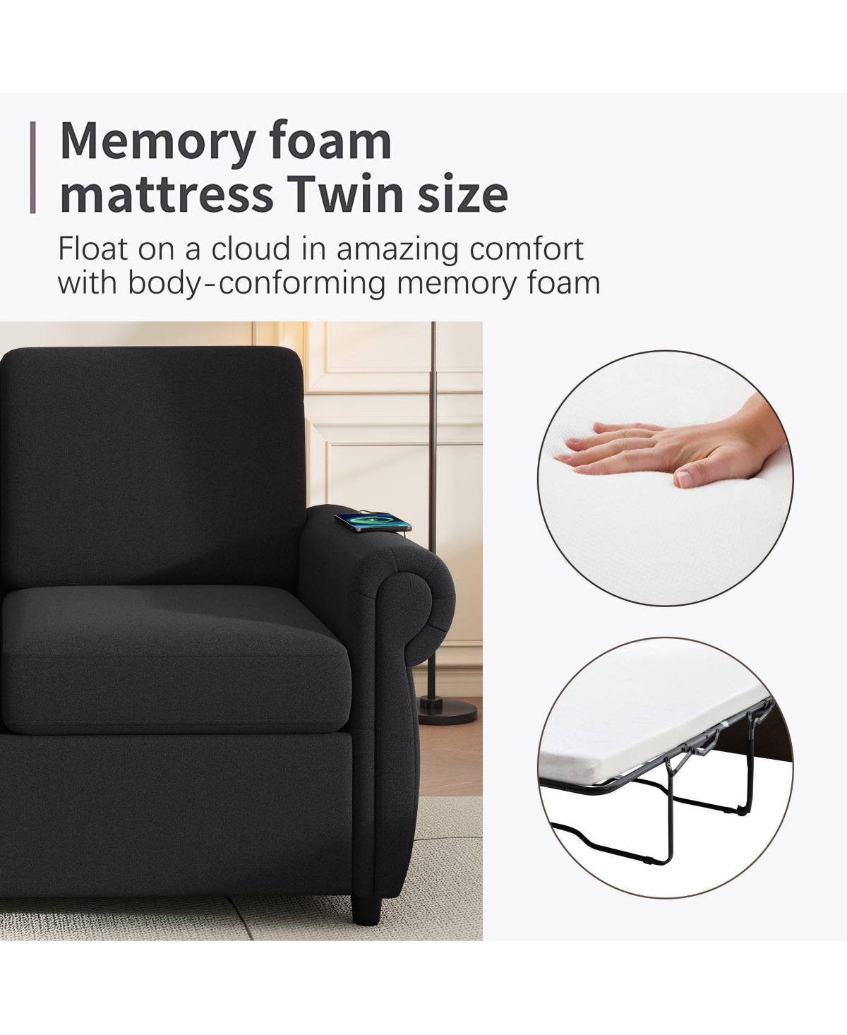 Boyel Living 57.9" Orisfur Pull Out Sofa Bed Loveseat Sleeper with Twin Memory Mattress Two Usb Ports for Room Spaces