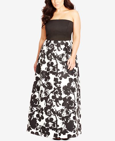 City Chic Plus Size Strapless Floral-Print Gown