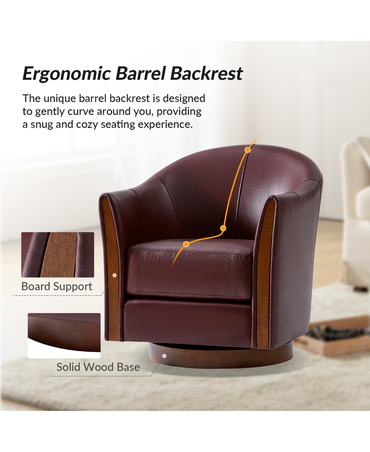 Raul Transitional Genuine Leather 360-degree Swivel Barrel Chair with Solid Wood Base and Armrest