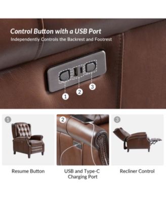 Silvia Button-tufted Genuine Leather Power Recliner with Solid Wood Legs