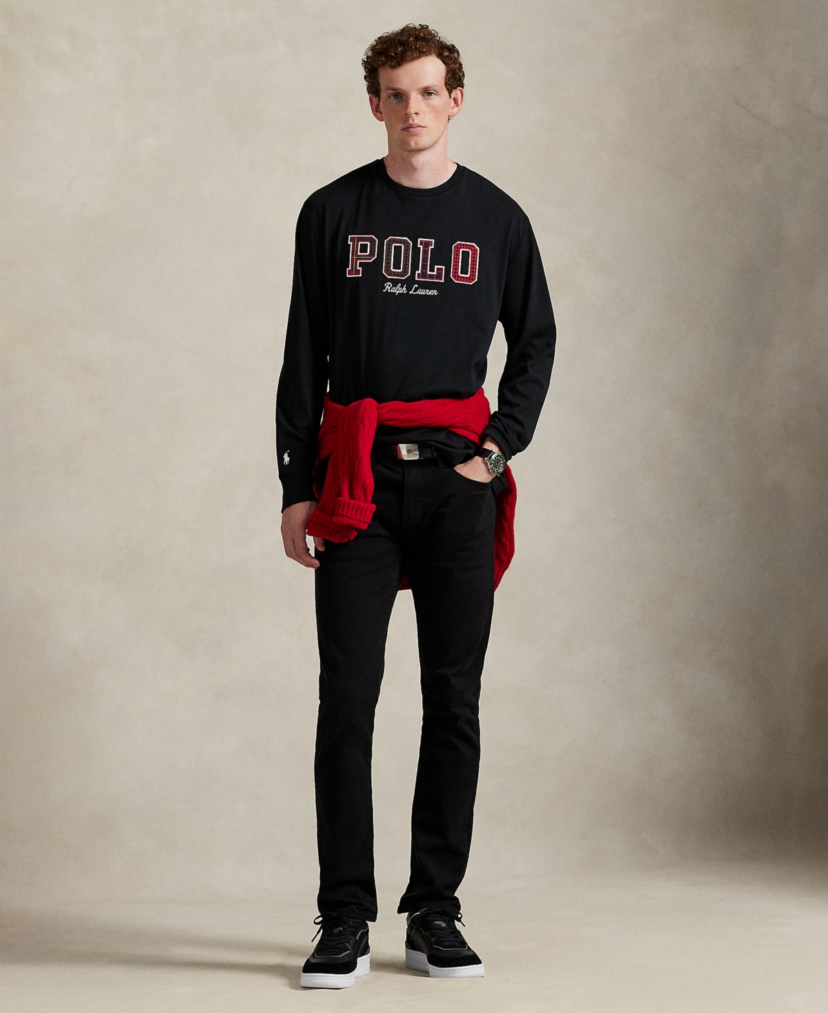Polo Ralph Lauren Men's Long-sleeve Plaid-logo Applique T-shirt In Black