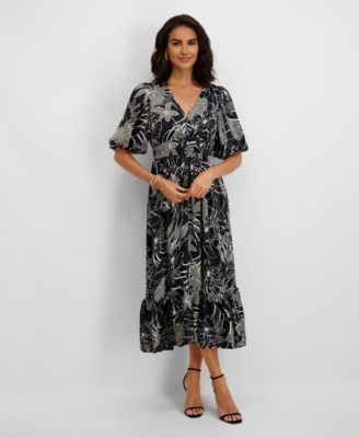 Women's Floral-Print Puff-Sleeve Maxi Dress