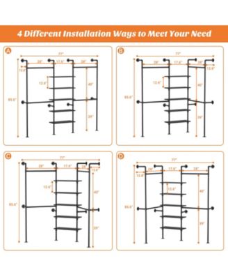 6.42FT Industrial Metal Pipe Clothing Rack, Reversible Clothes Rack with 5 Shelves and 4 Hanging Rods