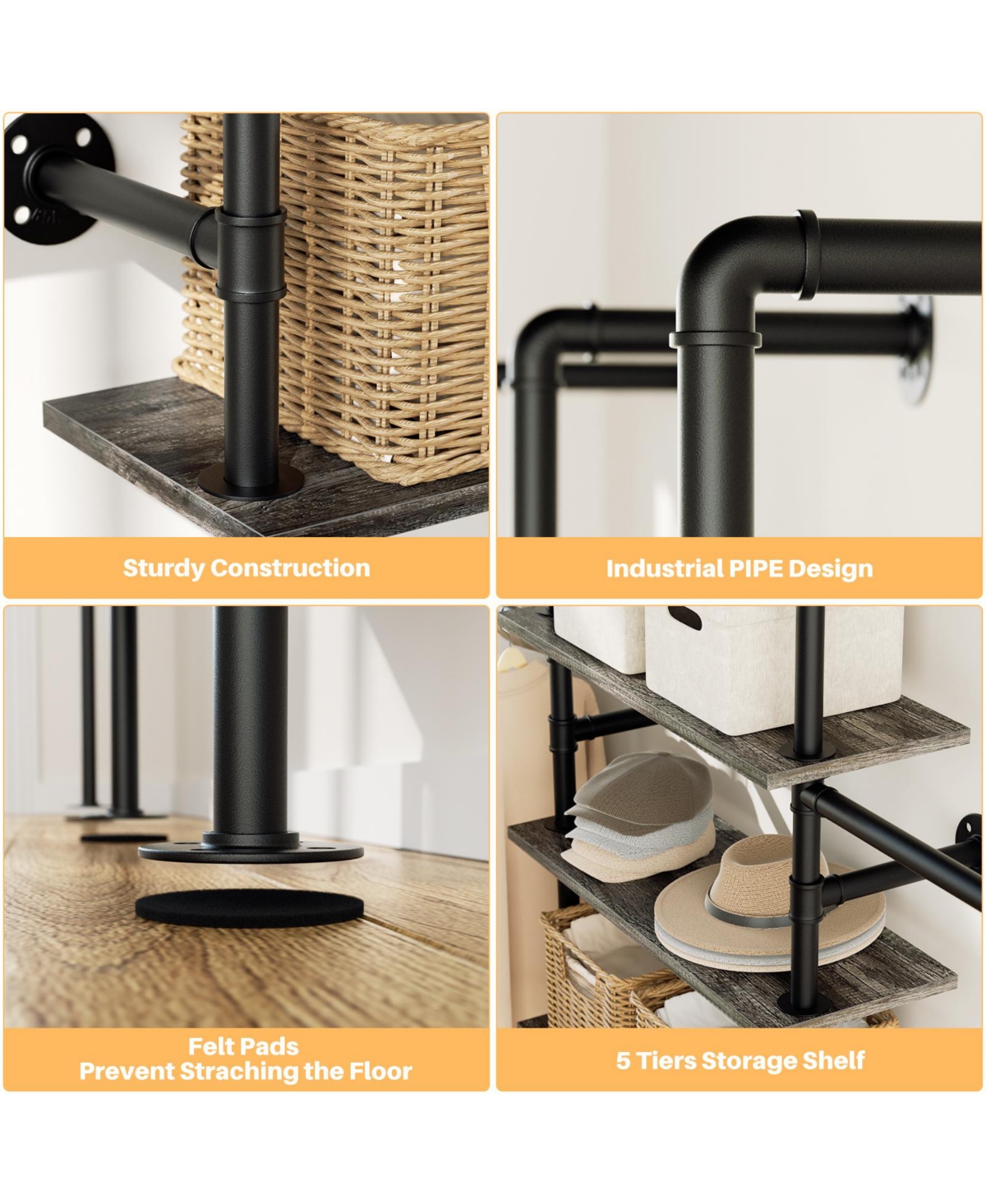 Aheaplus 6.42FT Industrial Metal Pipe Clothing Rack, Reversible Clothes Rack with 5 Shelves and 4 Hanging Rods