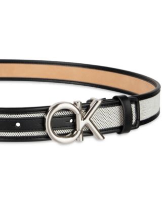 Women's Woven Inlay Leather Belt with Puff CK Monogram Buckle Belt