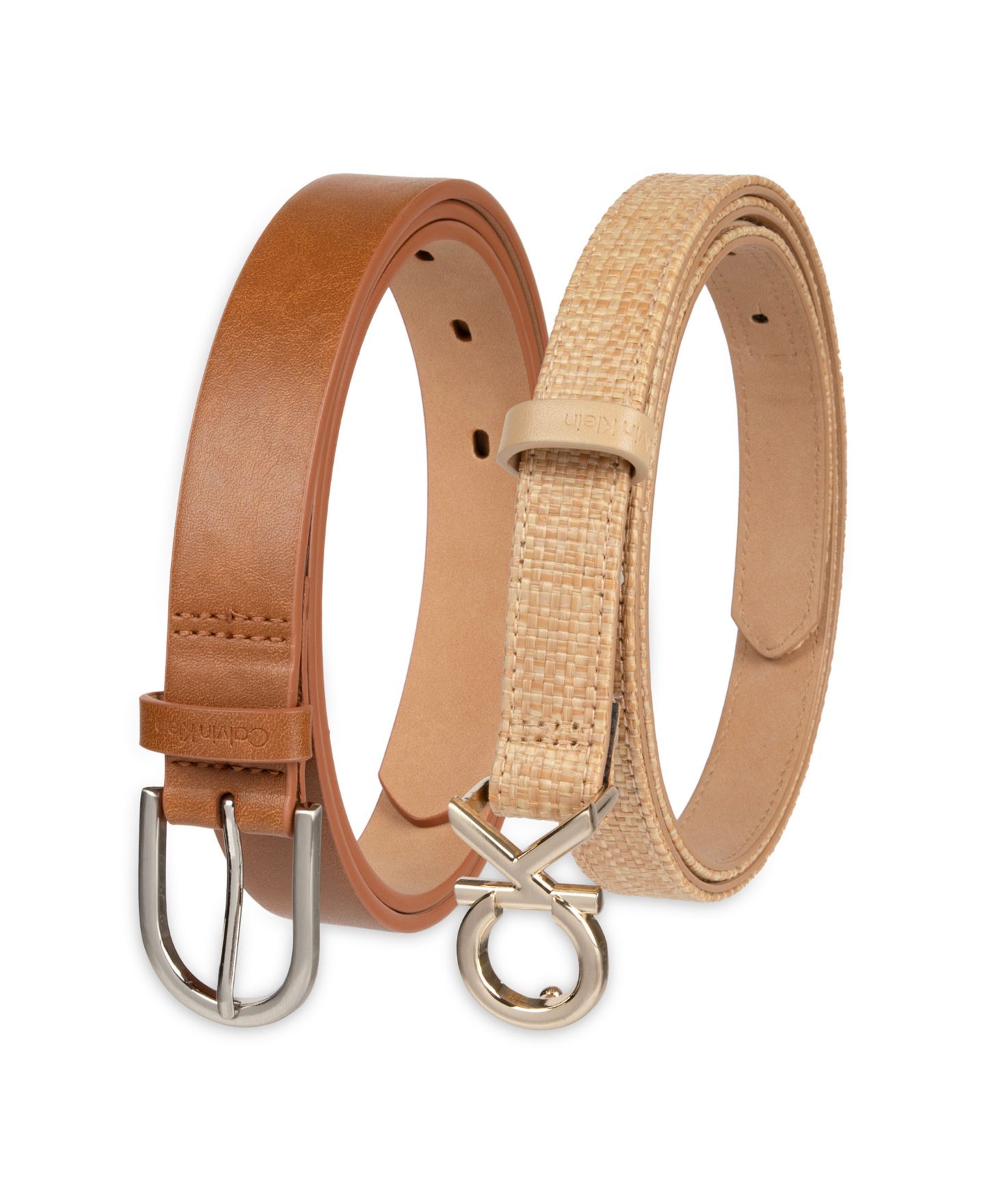 Женские ремни Calvin Klein Two Pack Belt Set - Skinny Monogram Buckle Belt and Harness Buckle Belt Set, цвет: Коньячный / Натуральный — фото 3