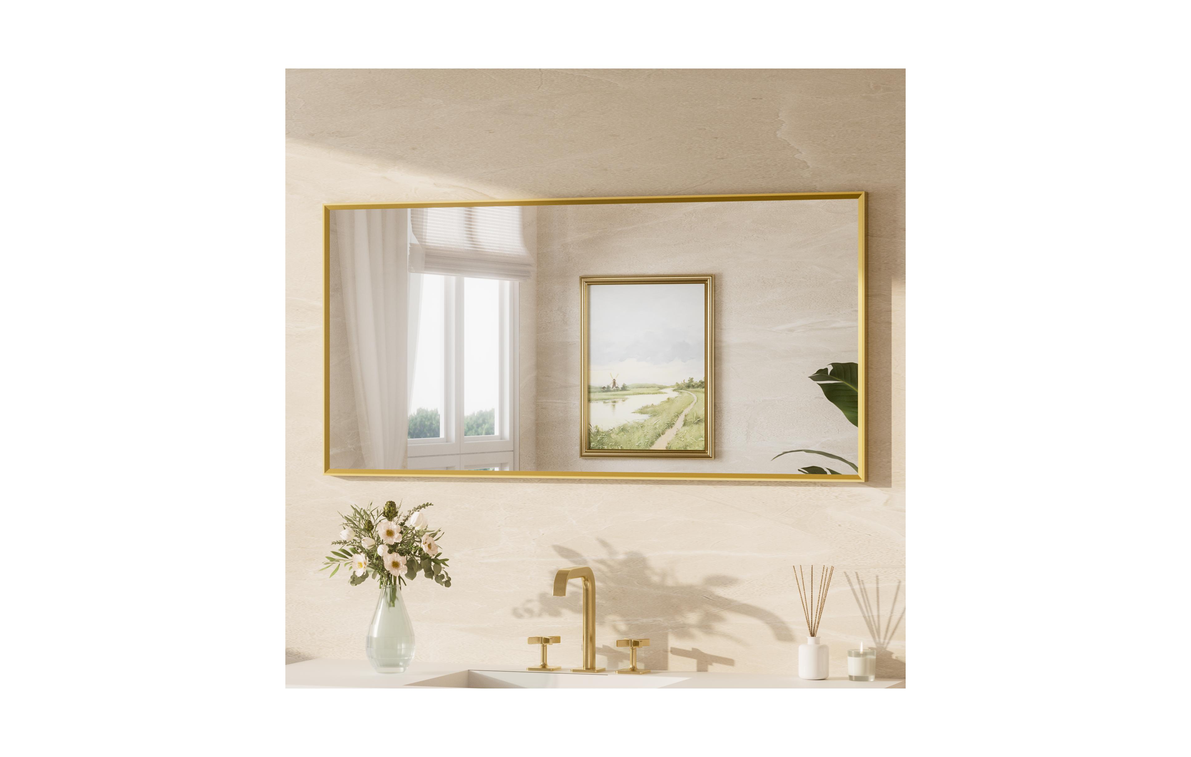 Keonjinn 48x24 Inch Brushed Gold Bathroom Vanity Mirror Metal Framed Over Sink Wall Mirror Horizontal/Vertical