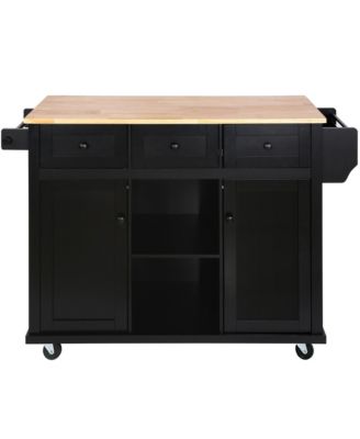Kitchen Cart with Rubber Wood Drop Leaf, Internal Storage Racks, Rolling Island with Cabinet and 3 Drawers for Dining Room