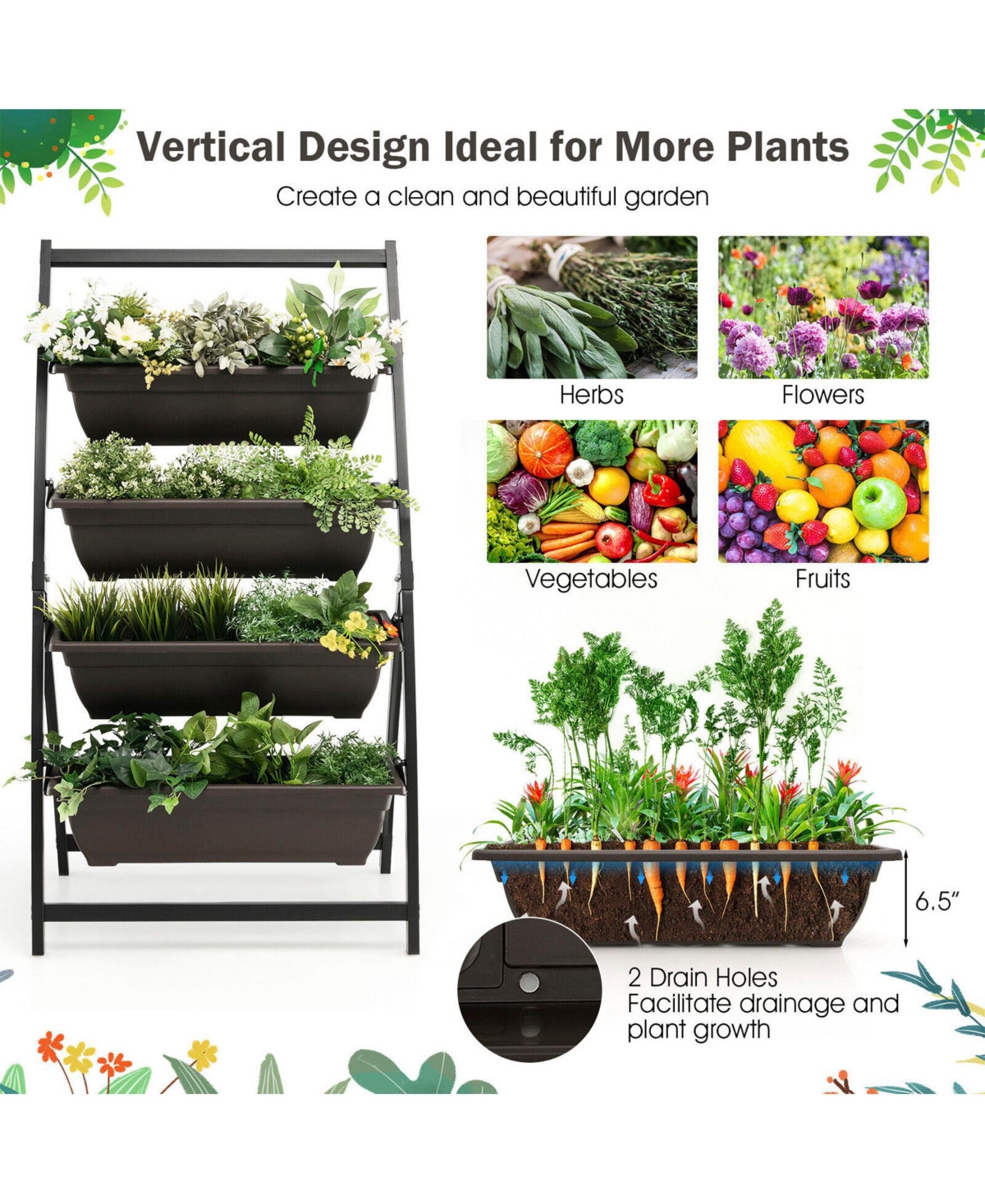 Sugift 4-Tier Vertical Raised Garden Bed with 4 Containers and Drainage Holes