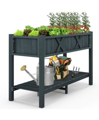 Pots & Planters Poly Wood Elevated Planter Box with Legs Storage Shelf Drainage Holes-Black