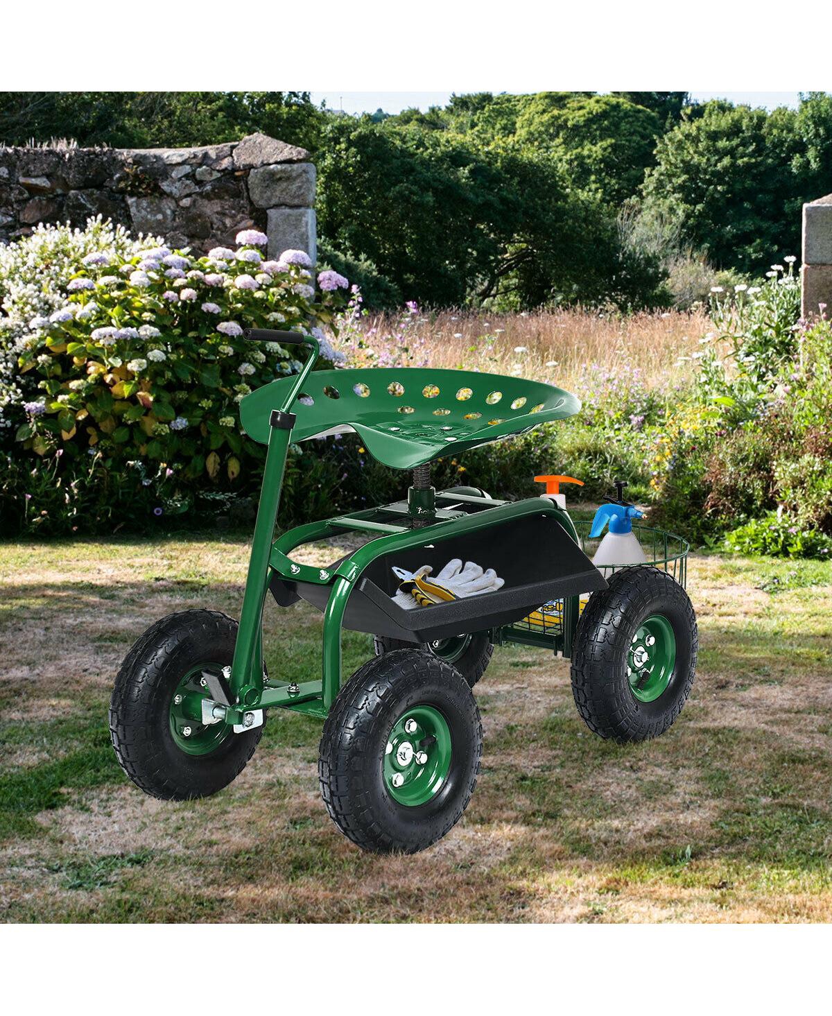 Sugift Extendable Handle Garden Cart Rolling Wagon Scooter-Green