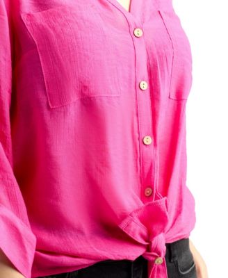 Juniors' Gauzy Texture Collared Button Up Shirt