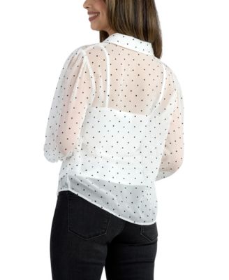Junior's Flocked Dot Collared Long-Sleeve Top