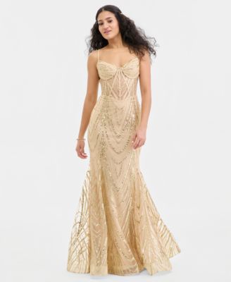 Juniors' Sweetheart-Neck Bustier Glitter Mesh Gown 