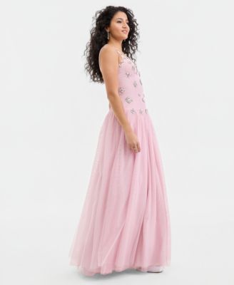 Juniors' Sweetheart-Neck Embellished Mesh Gown 