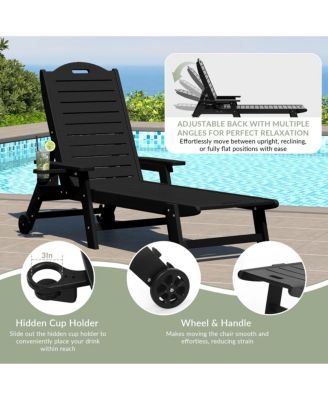 Outdoor HDPE Patio Chaise Lounges With Wheels & Cup Holder (Set of 4)