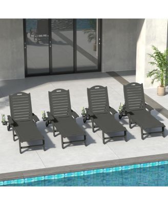 Outdoor HDPE Patio Chaise Lounges With Wheels & Cup Holder (Set of 4)