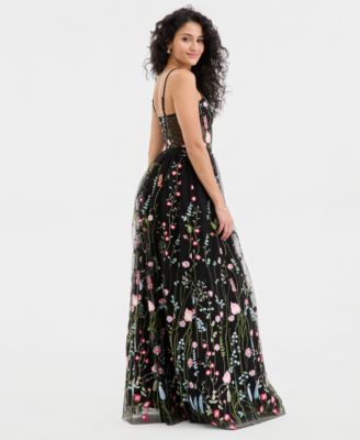 Juniors' Floral Embroidered Mesh Gown, Created for Macy's