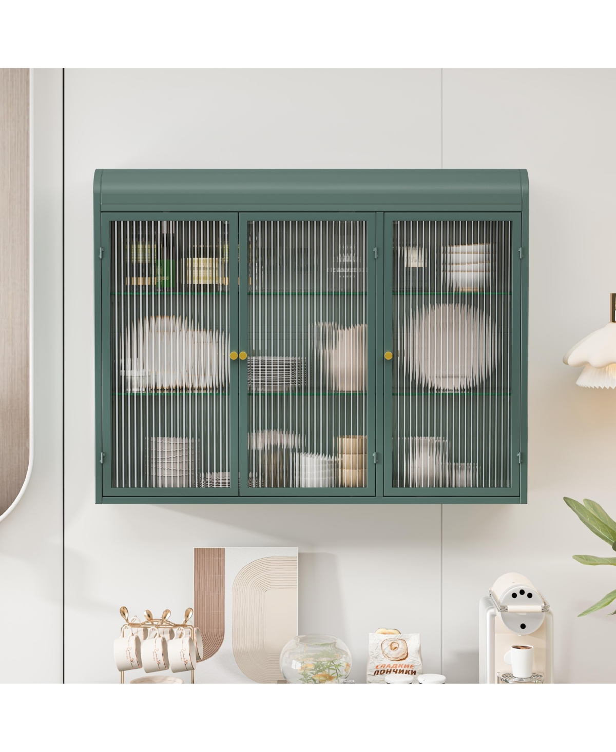 Casainc 3-Door Arched Wall-Mounted Glass Cabinet for Kitchen, Living Room, or Bathroom Storage