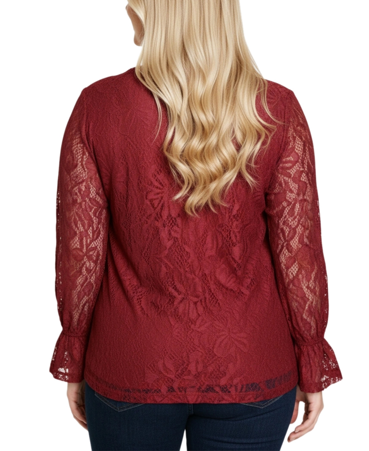 Ny Collection Plus Size Long Bell Sleeve Lace Top In Multi