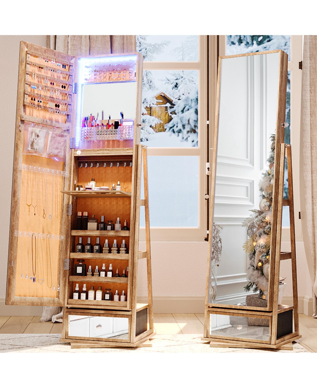 Vlsrka Jewelry freestanding storage mirror cabinet with shelves, built-in lights, and rotating feature.