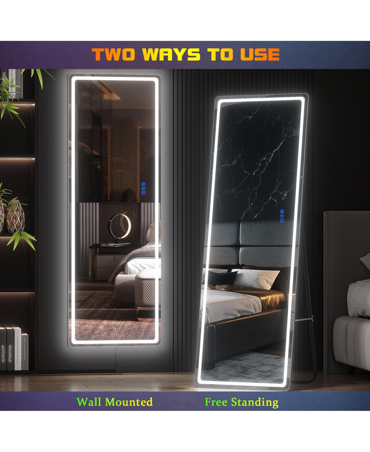 Vlsrka Wall-mounted or freestanding rectangular full-length mirror with adjustable Rgb lighting.