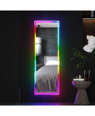 Wall-mounted or freestanding rectangular full-length mirror with adjustable RGB lighting.