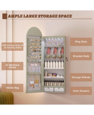 Arched LED Jewelry Cabinet, Full-Length Lighted Mirror with Storage