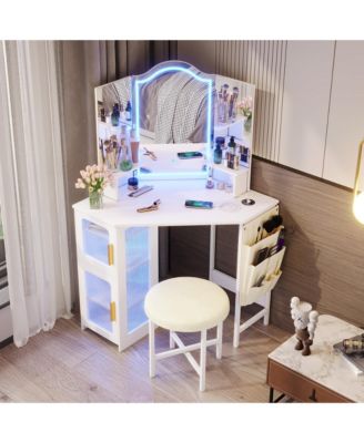 Tri-color Light Corner Vanity Desk with Mirror