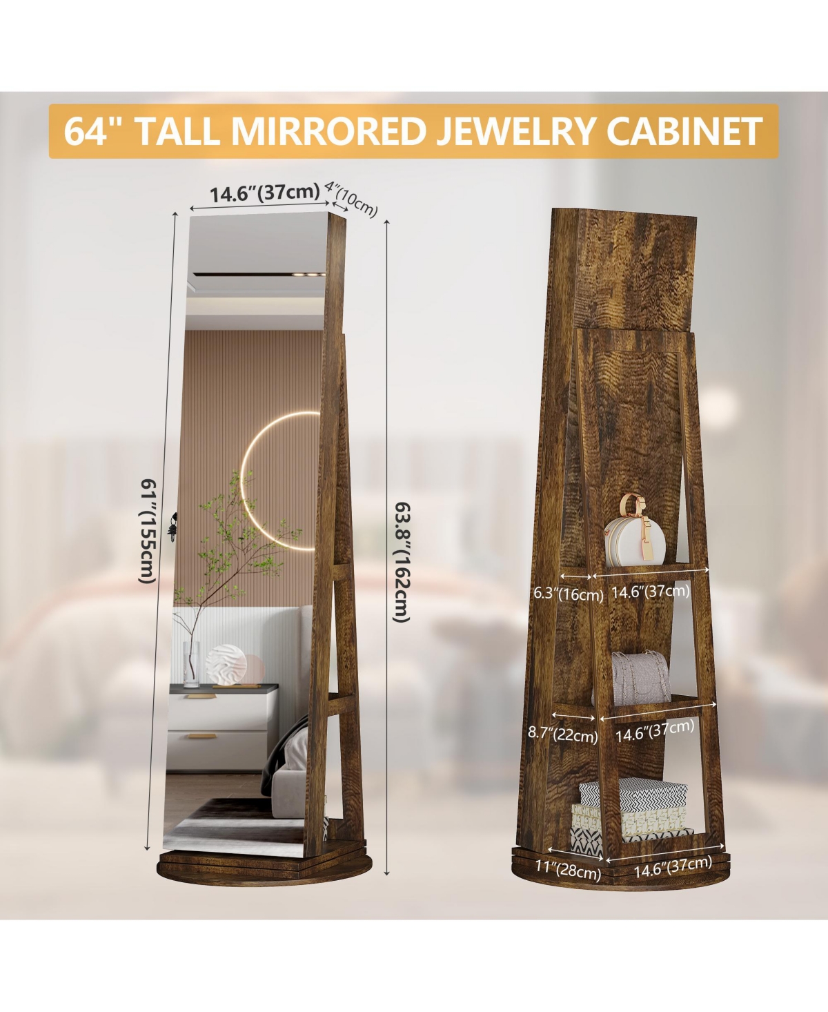 Vlsrka 360° Swivel Free-Standing Jewelry Armoire Cabinet with Mirror