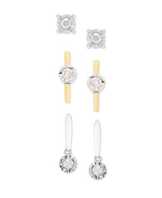 3-Pc. Diamond Stud Earrings (1/4 ct. t.w.) in Sterling Silver and Gold Over Silver