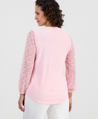 Petite Lace-Sleeve Split-Neck Tunic