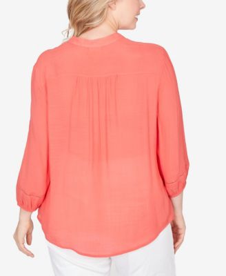 Plus Size Solid Silky Slub Pleated Button Front Top