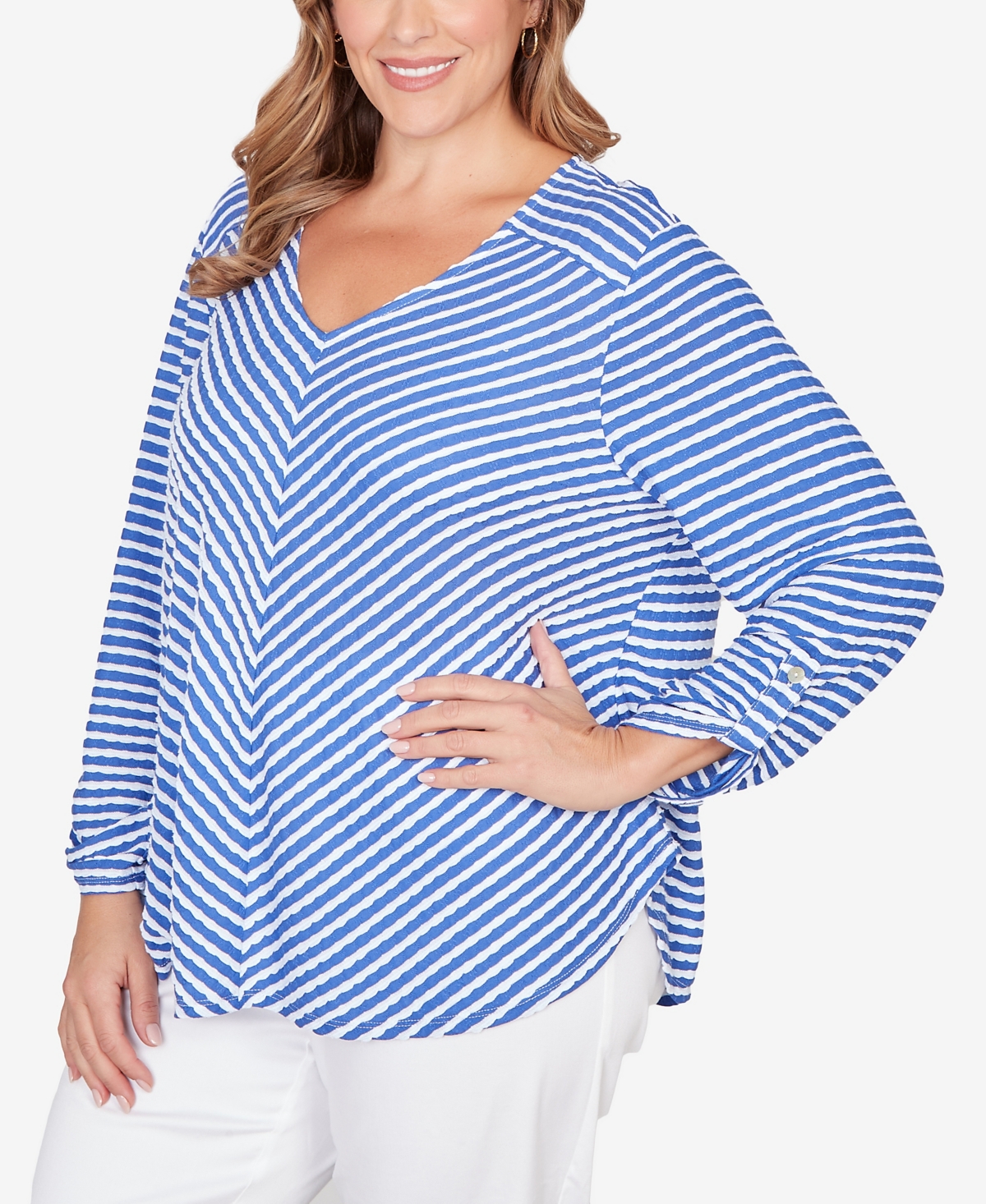 Ruby Rd. Plus Size Mitered Scallop Stripe Tunic Top In Blue