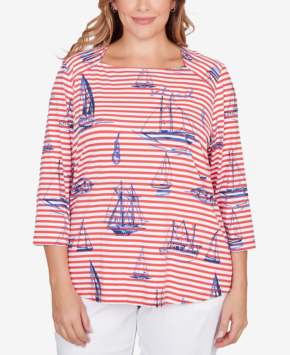 Ruby Rd. Plus Size Striped Sailboat Knit Top In Red