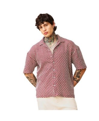 Men's Crimson Red Geometric-Crochet Cuban Oversized Shirt