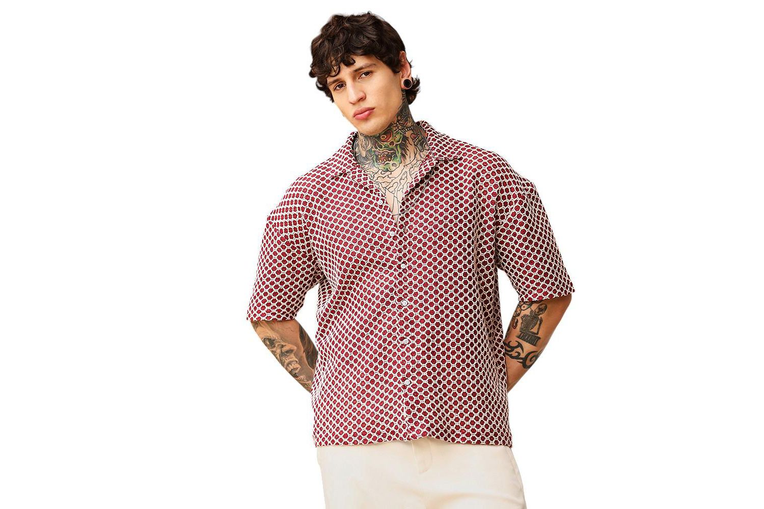 Men's Crimson Red Geometric-Crochet Cuban Oversized Shirt