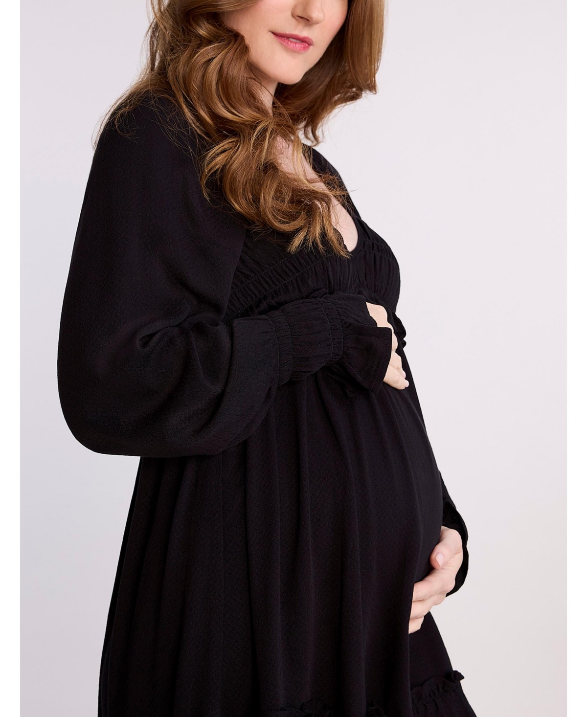 Motherhood Maternity Maternity Motherhood V-Neck Long Sleeve Smocked Tiered Short Dress