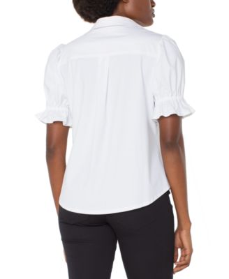Women's Elbow Puff Sleeve Snap Front Collar Top
