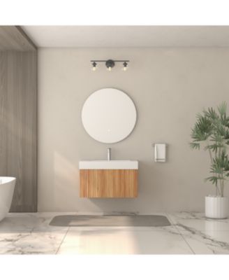 30" Bathroom Vanity – Wall-Mount Floating Cabinet, Acacia Plywood Finish, Integrated Sink & Basin