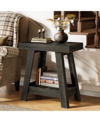 2-Tier Wooden End Table Set of 2, Farmhouse Small Sofa Side Table with Storage, Rustic Grey