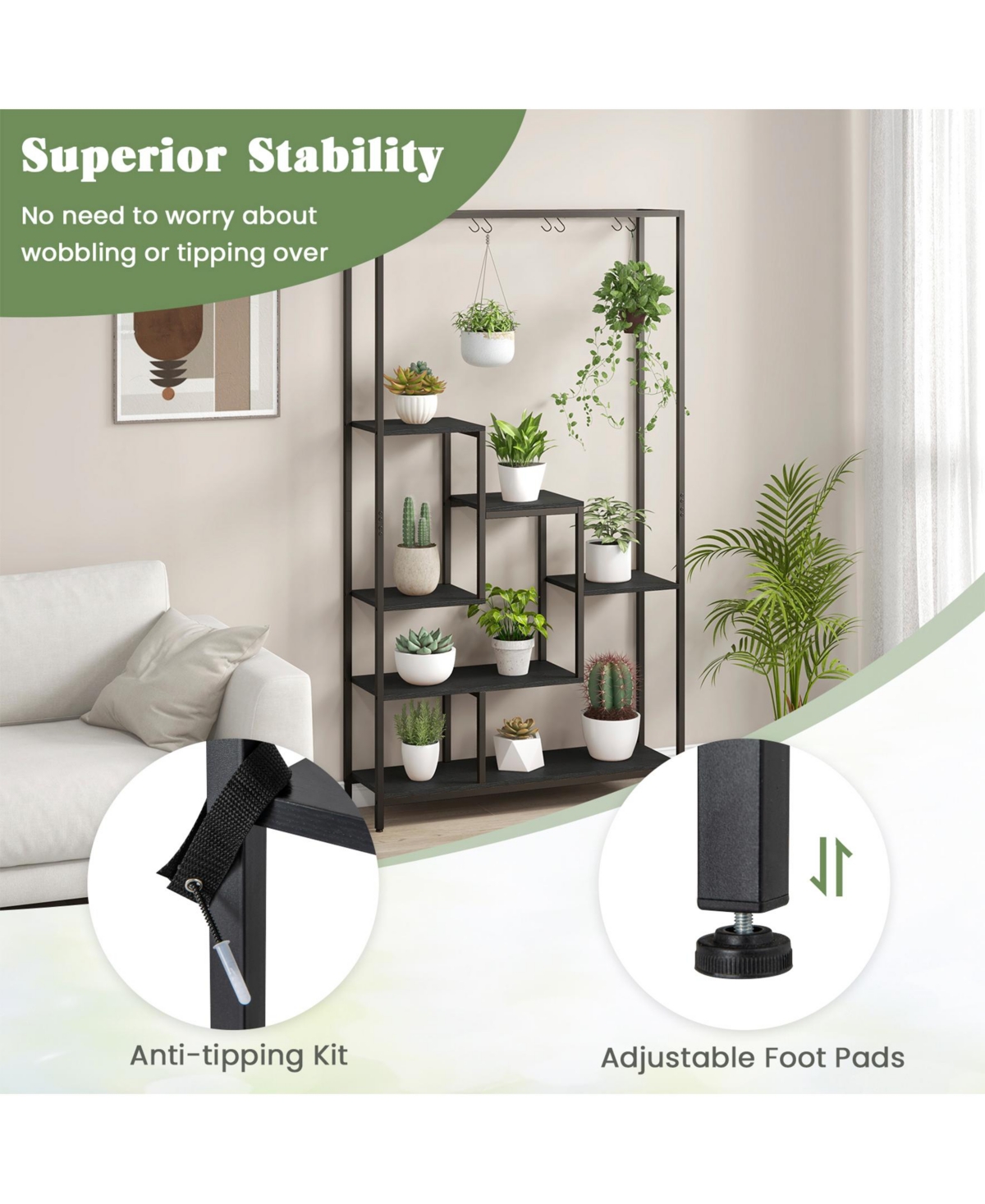 Sugift 6-Tier Tall Plant Stand 71 Inch Metal Indoor Plant Shelf with 10 Hanging Hooks-Black