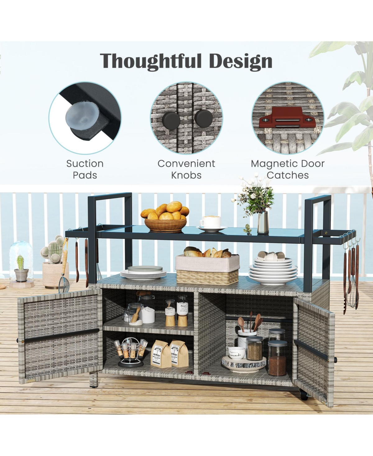 Sugift Outdoor Bar Cart Wicker Buffet Serving Cart with Cabinet and 8 Hooks