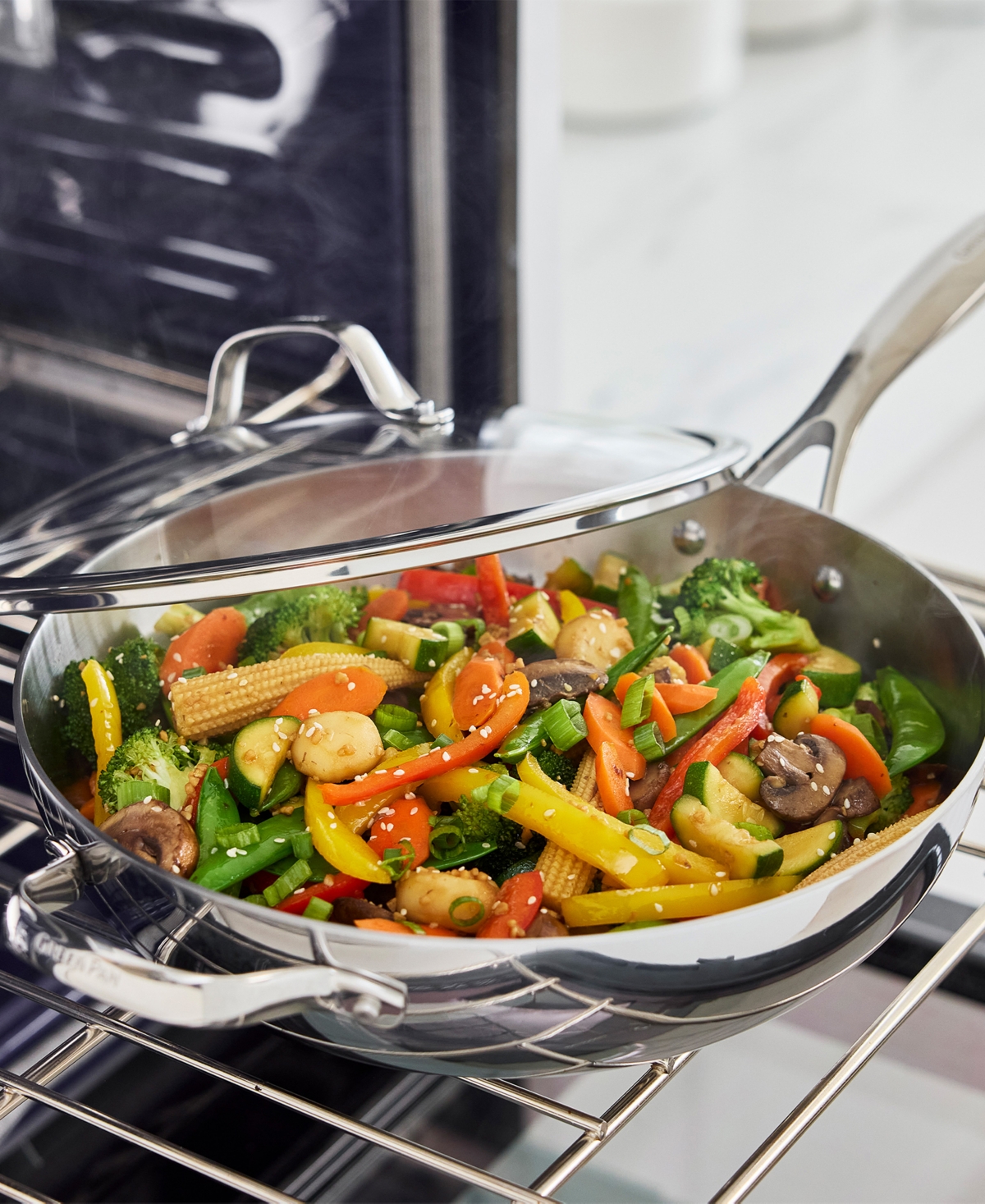 GreenPan Stainless Steel 12" Valencia Pro Uncoated Covered Wok with Lid