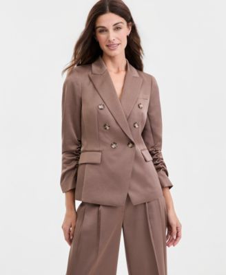 Women's Matte Satin Double-Breasted Scrunch-Sleeve Jacket