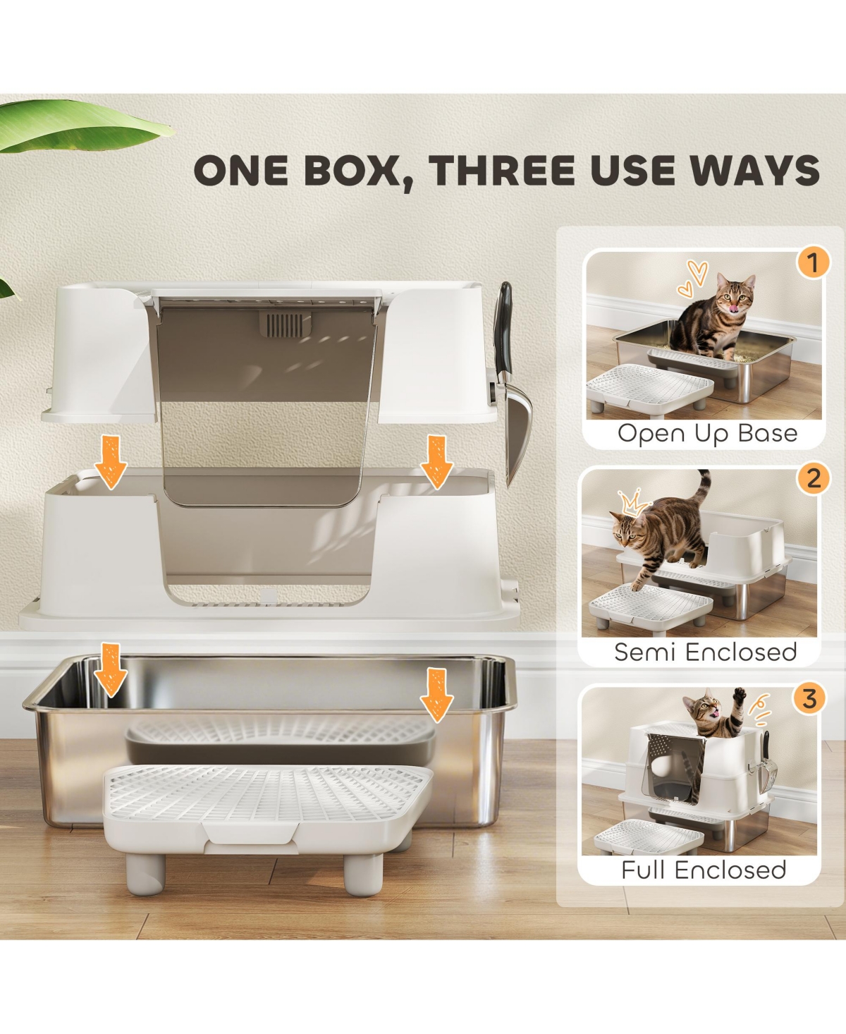 PawHut Xl Stainless Steel Litter Box with 100° Flip Top, Scoop, Step