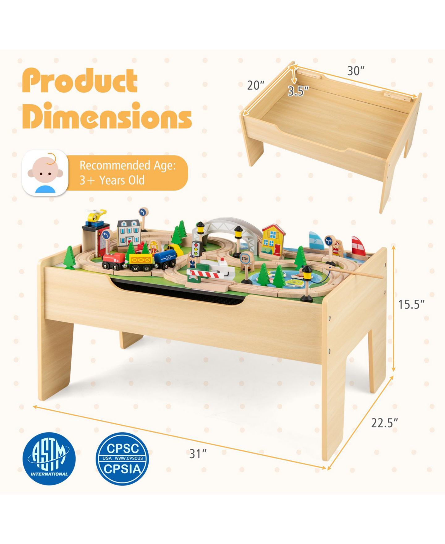 Детский игровой набор HONGGE 78-Piece Wooden Railway Train Playset, цвет: Натуральный — фото 4