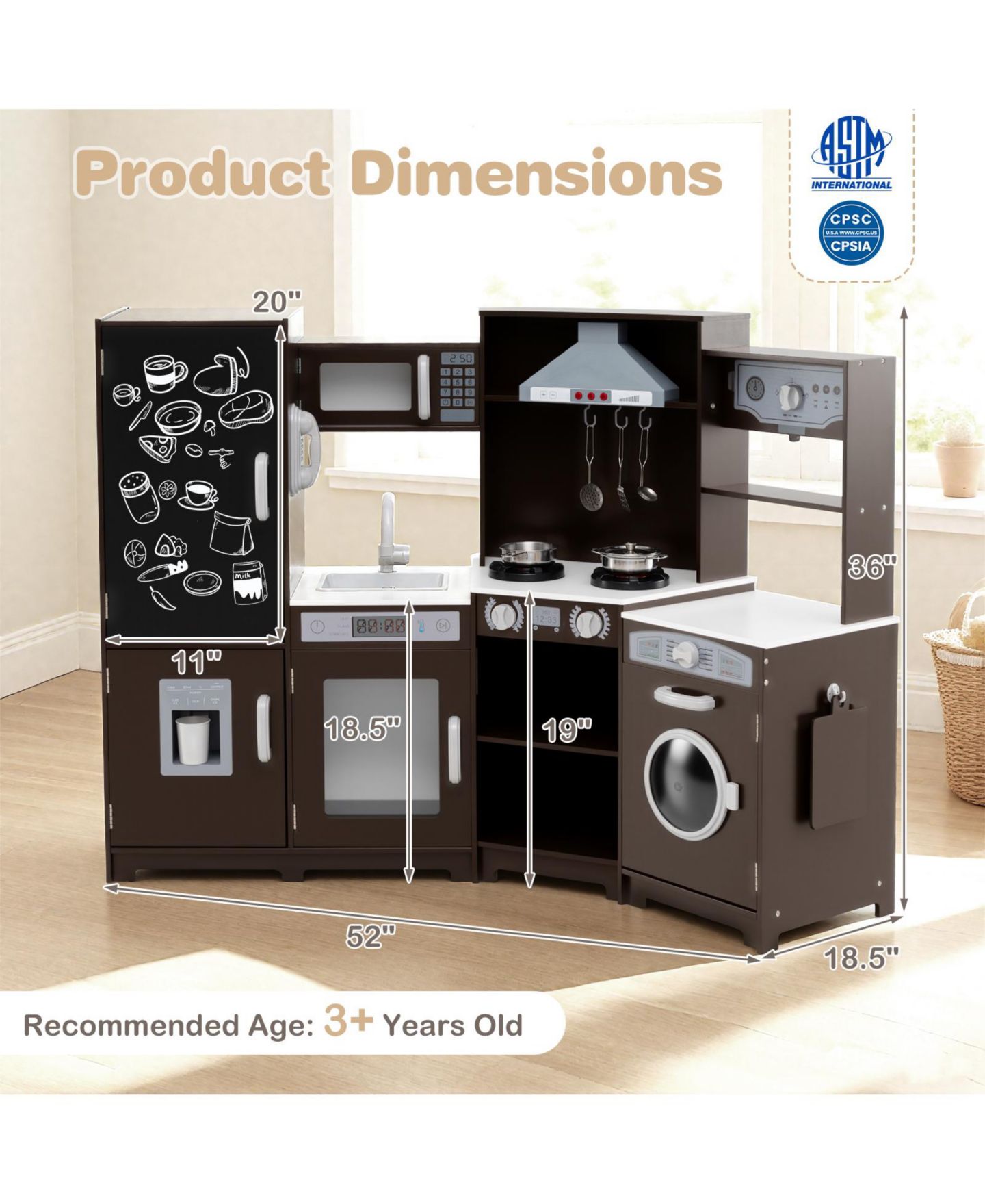 Детские игрушки SKONYON Wooden Corner Multi-Piece Play Kitchen Set with Lights and Sounds, Ages 3+, цвет: Коричневый — фото 5