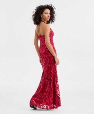 Juniors' Sequined Halter-Neck Evening Gown