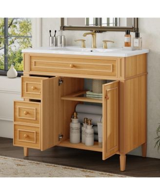 36" Bathroom Vanity with Sink, Wood Vanity Cabinet with Flip-Out Drawer, Solid Wood & MDF, Elegant Rubber Wood Handles
